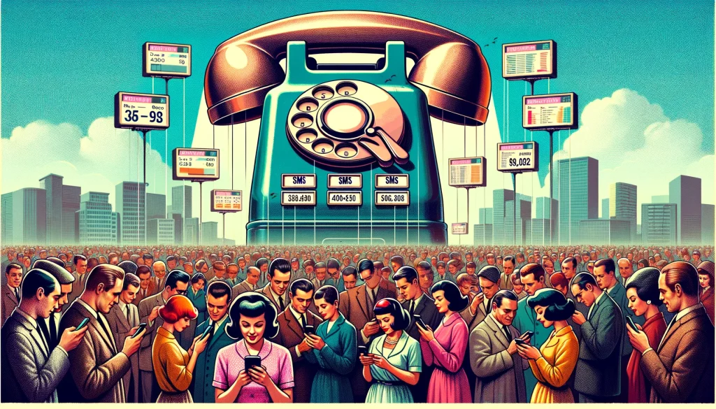 Ilustração ao estilo dos anos 1960 destacando o marketing de Disparo em Massa de `SMS, com um grande telefone celular enviando mensagens para uma multidão diversificada, 