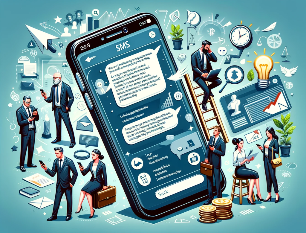 Imagem mostrando uma representação estilizada de profissionais de negócios interagindo com um gigante smartphone exibindo uma interface de SMS.