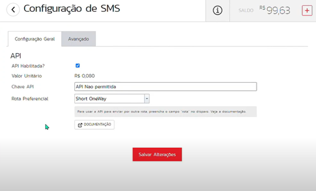 Imagem com a tela principal das configurações de SMS