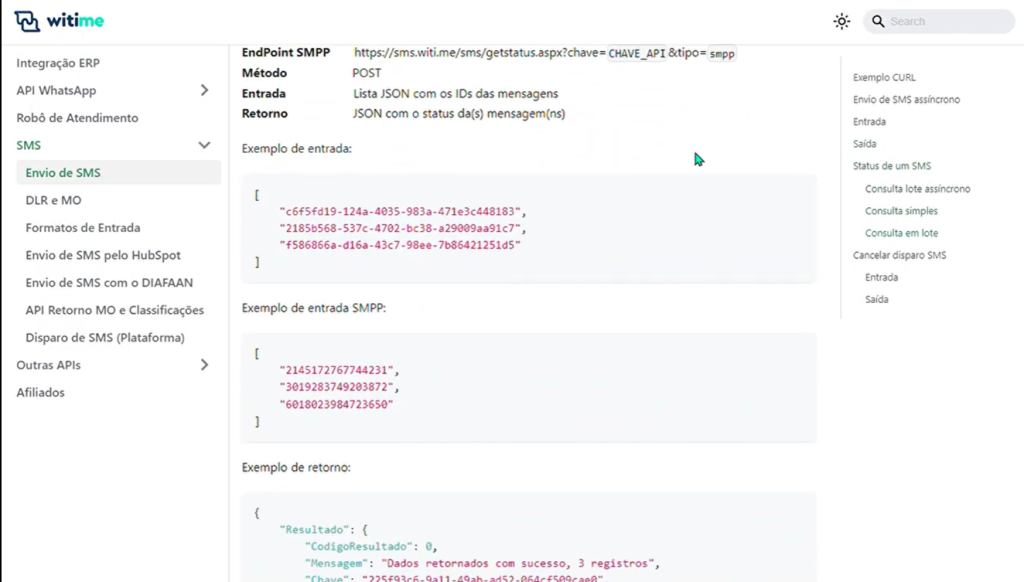 Imagem da documentação API SMS