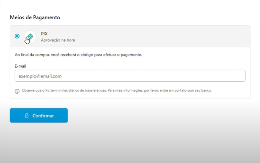 Imagem da seleção do pagamento por PIX