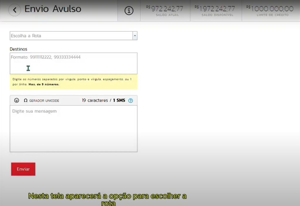 Imagem da interface com os campos de seleção de rota, campo de destinos onde irão os numeros de telefone e campo para a mensagem de texto